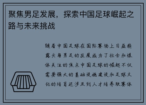 聚焦男足发展，探索中国足球崛起之路与未来挑战
