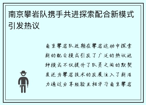 南京攀岩队携手共进探索配合新模式引发热议